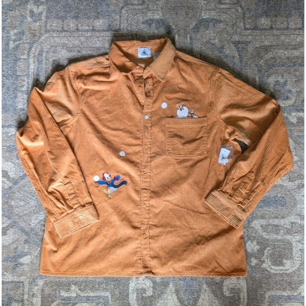 Disney Holiday Homestead Donald Chip N Dale Button Down Shirt Lg Corduroy Feel